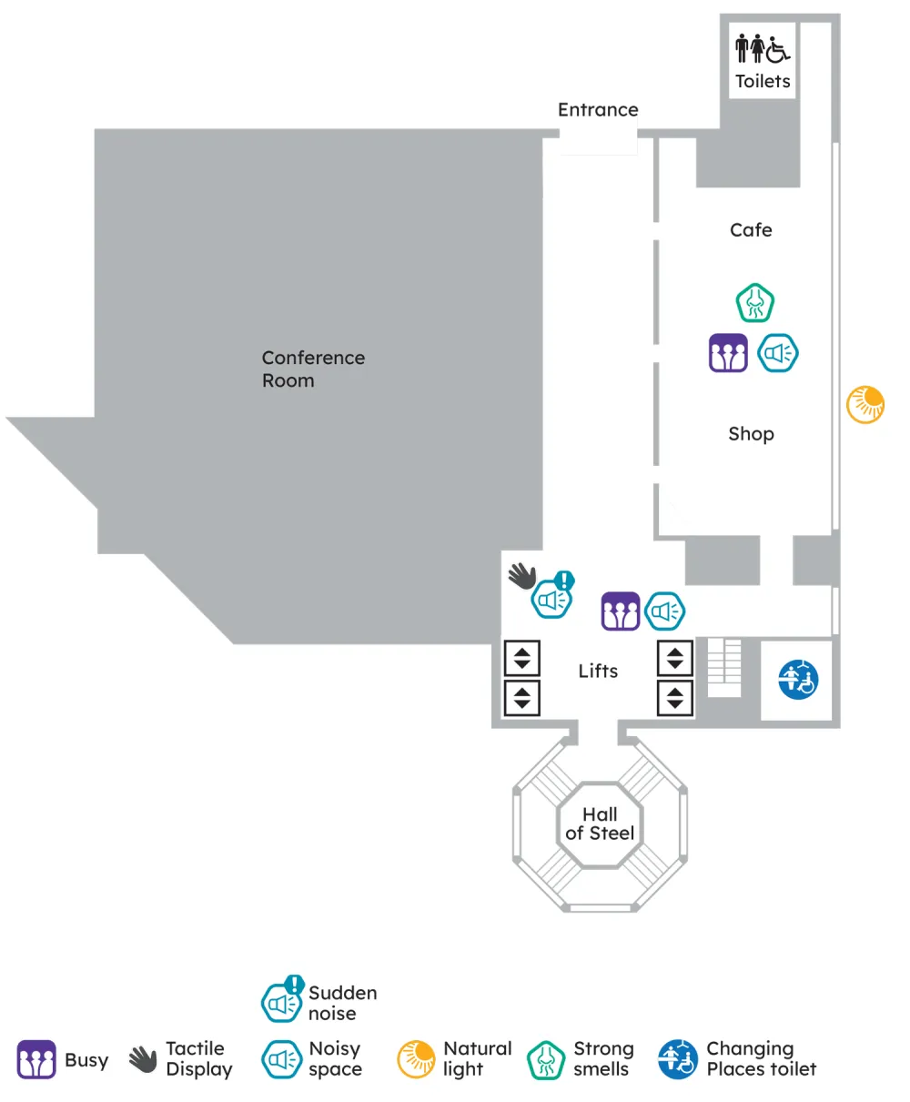Floor plan showing Entrance, Cafe, Shop, Toilets, Lifts, and Hall of Steel, with sensory icons for noise, smells, and crowd levels