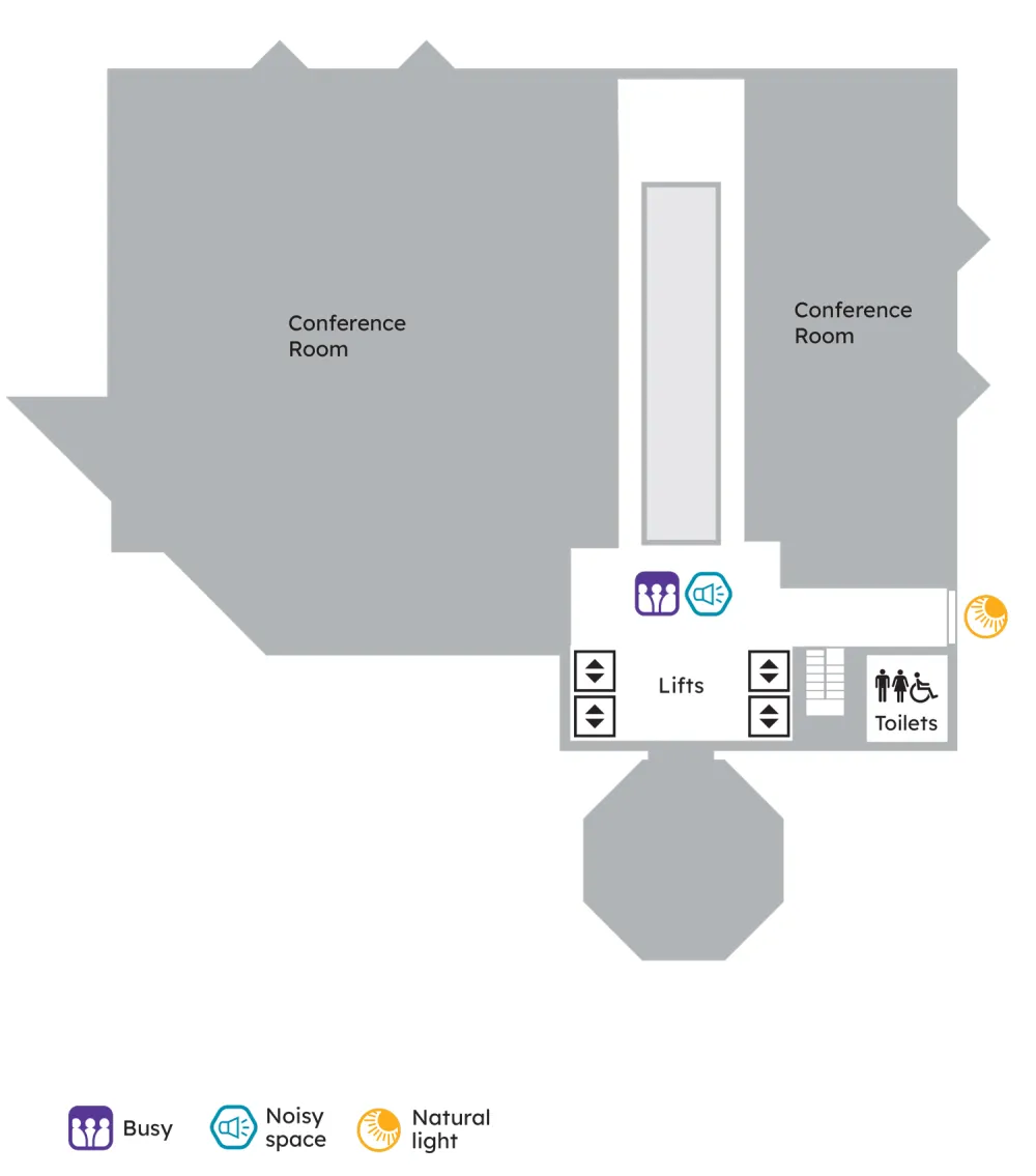 loor plan showing Conference Rooms, Lifts, Toilets, and sensory icons for Busy, Noisy space, and Natural light near the lift foyer