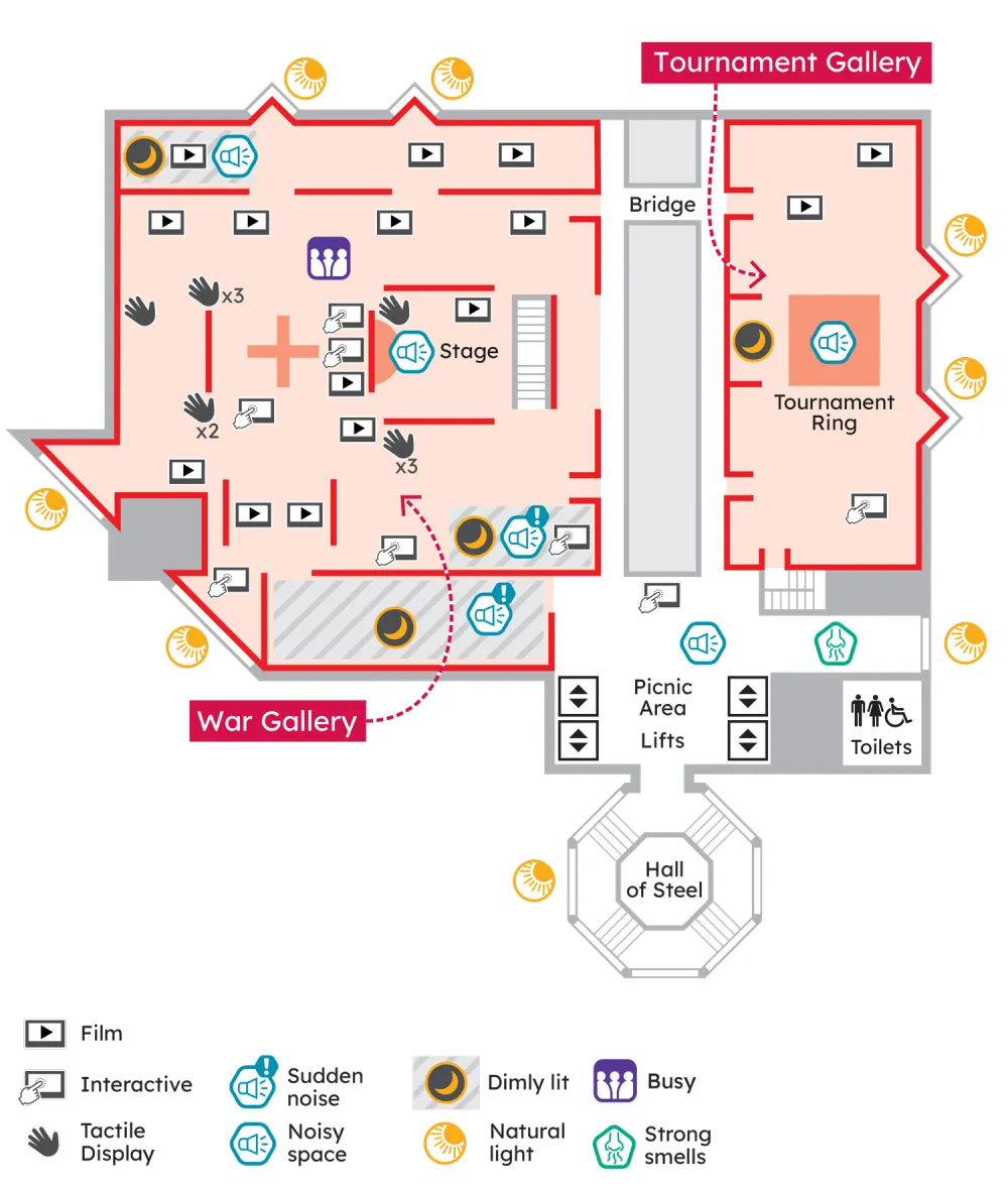 Floor plan showing War Gallery and Tournament Gallery with sensory icons for noise, tactile displays, films, and lighting