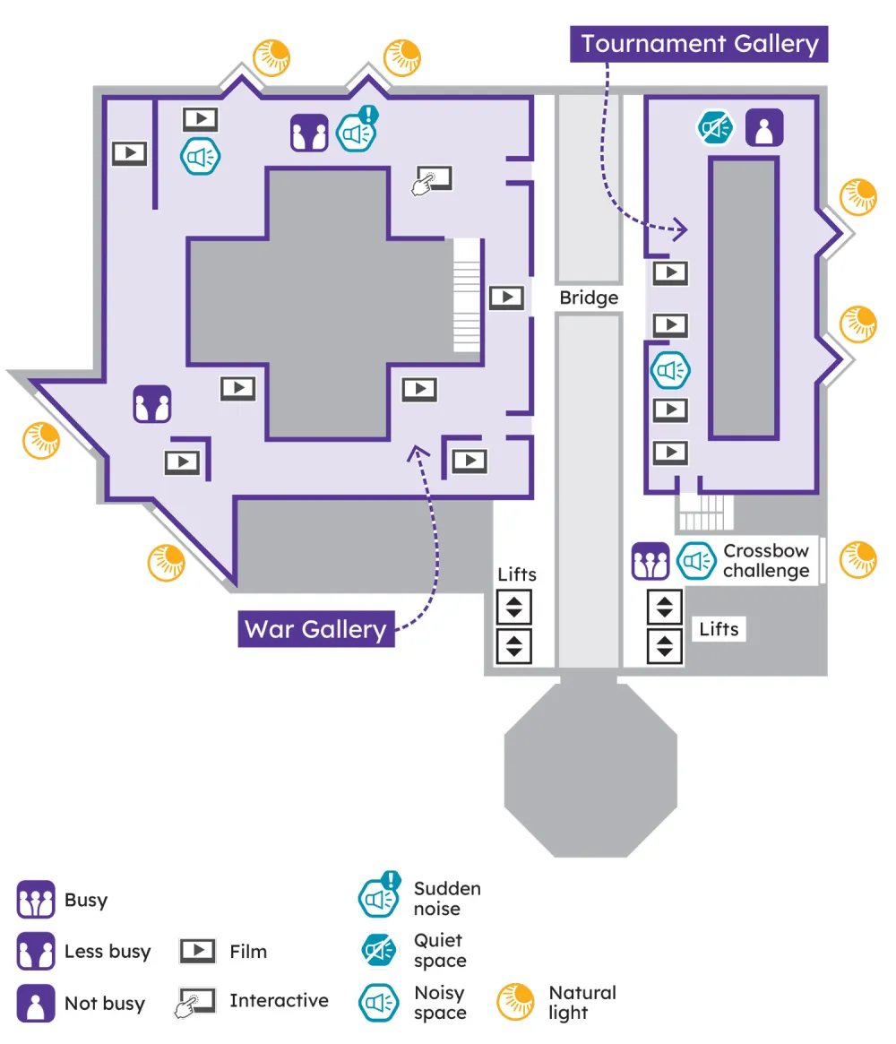 Floor plan showing War Gallery and Tournament Gallery with sensory icons for light, noise levels, interactive screens, and crowds