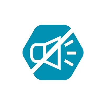White speaker with a diagonal line over it on a solid teal rounded hexagonal icon, indicating low noise levels