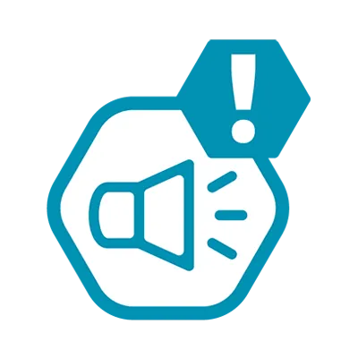 Teal icon of a speaker in a rounded hexagon, topped with an exclamation mark badge to warn of sudden noise