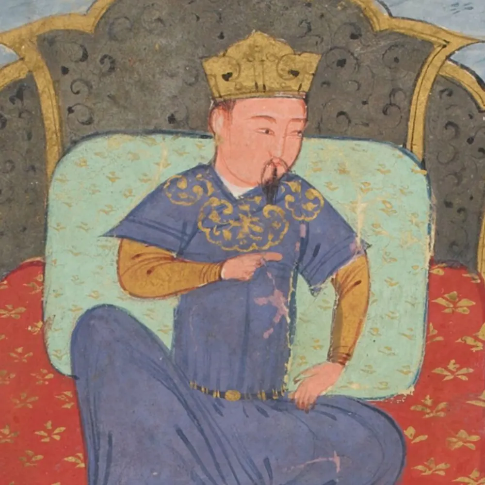 Historic painted court scene showing a crowned seated figure in blue garments, resting one hand on a knee