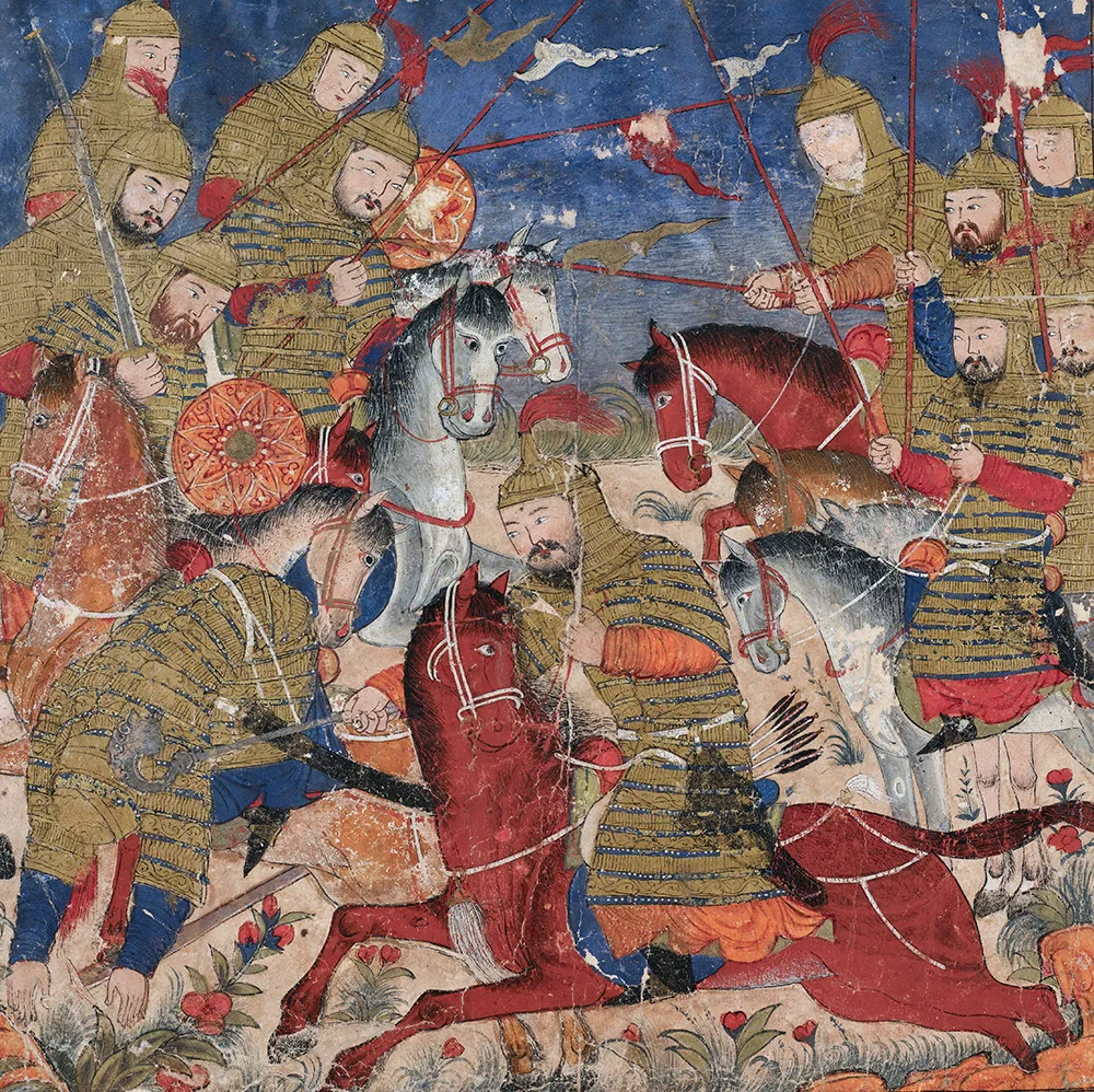 Manuscript illustration of warriors in armour fighting on horseback
