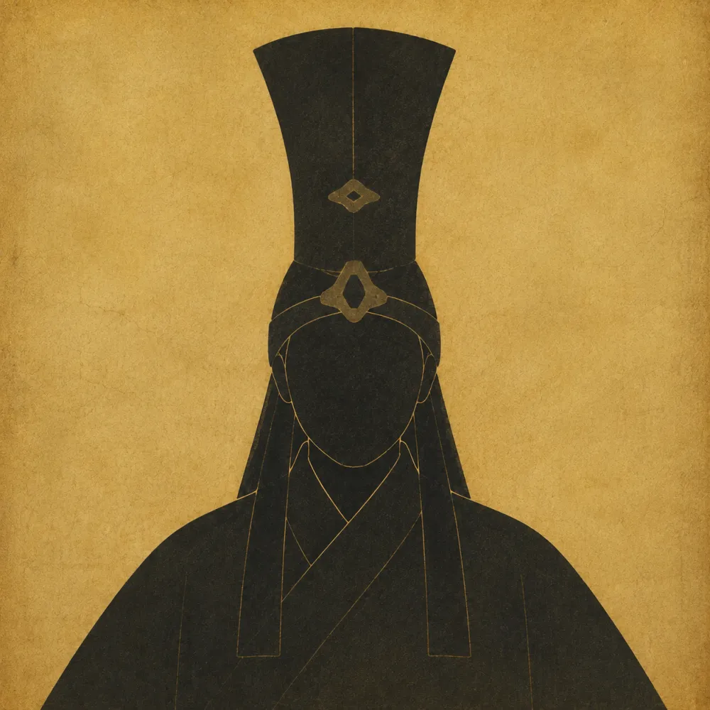 Dark silhouette portrait of a person in traditional East Asian attire and tall headwear set against a textured gold background