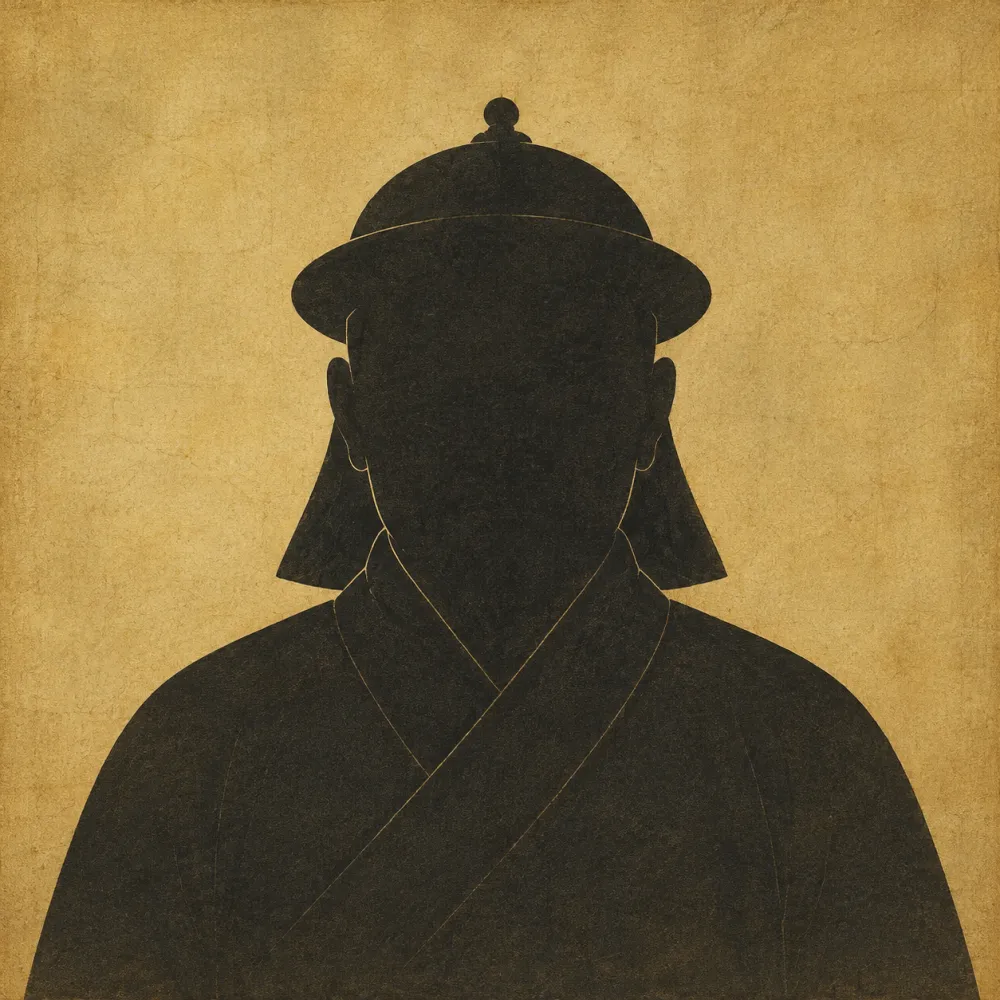 Dark silhouette bust of a person wearing a traditional rounded helmet and robes against a warm gold background