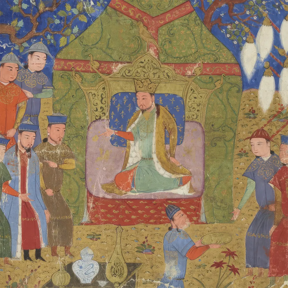 Genghis Khan seated on an ornate throne inside a tent, with family and Court