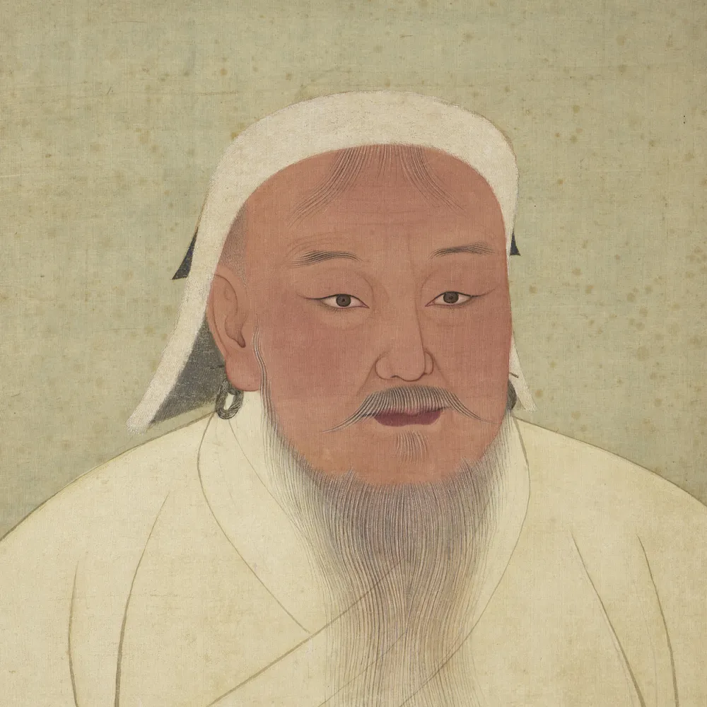 Painted portrait of a Genghis Khan in white robes and head covering, facing forward against a pale background