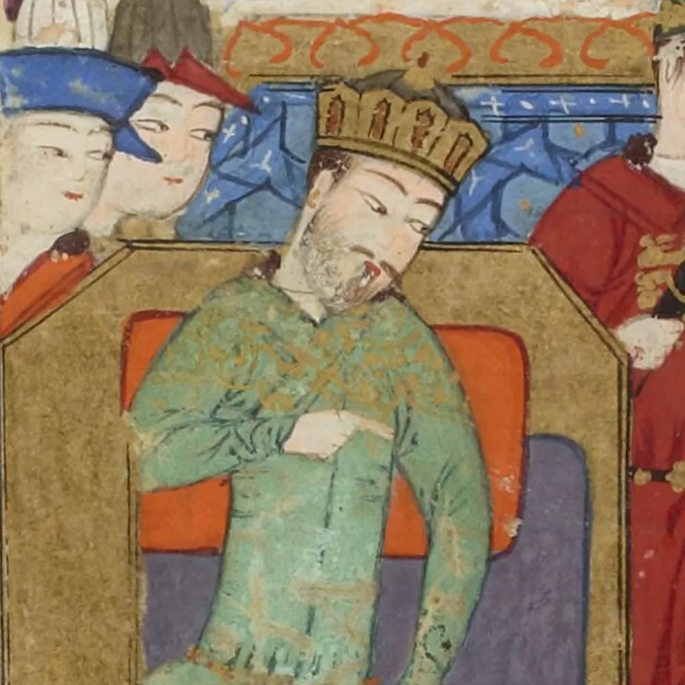 Historic manuscript illustration of a crowned person on a throne, framed by attendants and decorative blue panels