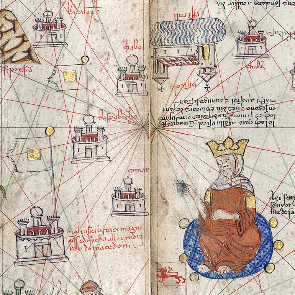 Fourteenth-century map illustration featuring a seated crowned ruler, stylised castles, handwritten notes and compass routes