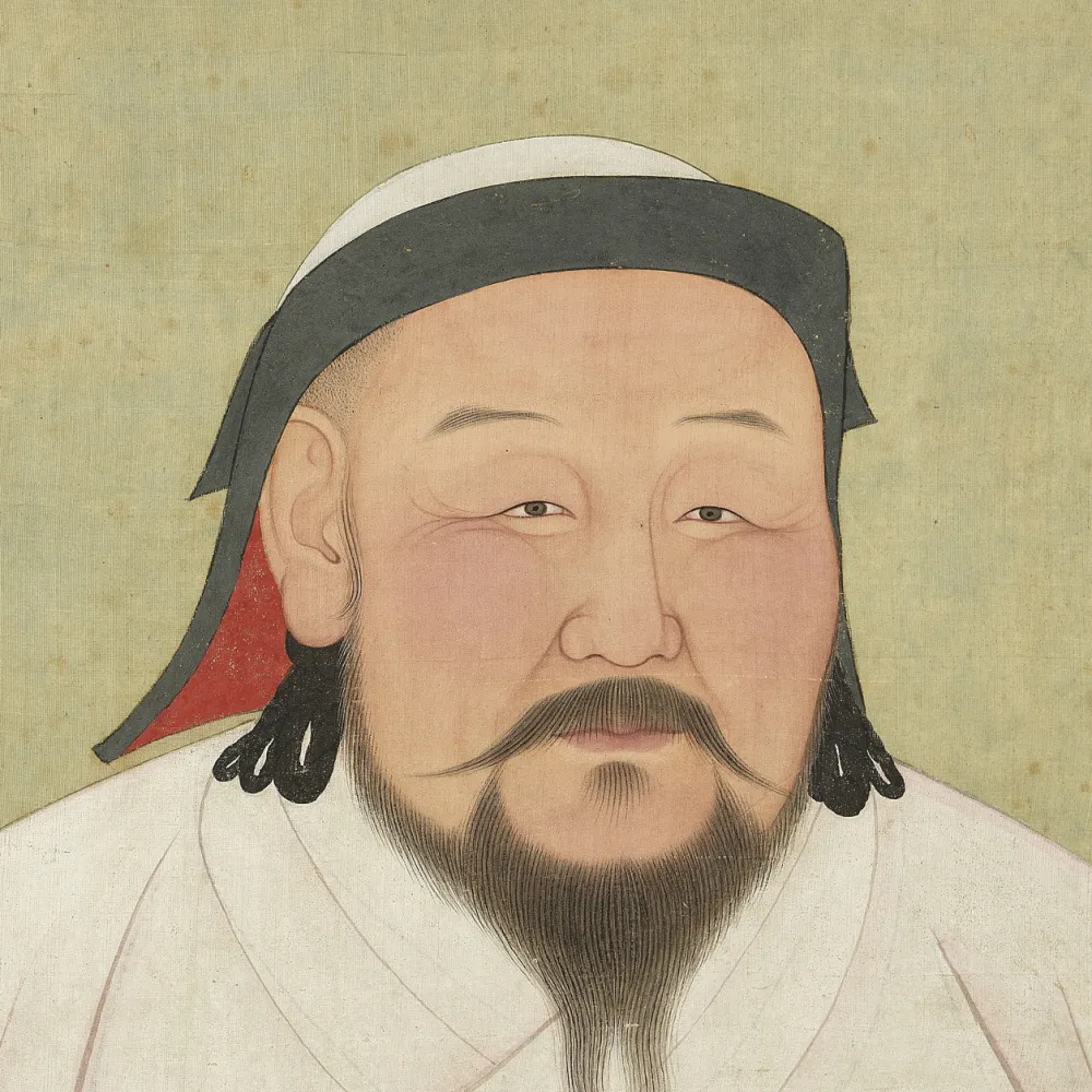 Historical painted likeness of a bearded figure in white clothing and black-trimmed headwear, centred on a light backdrop