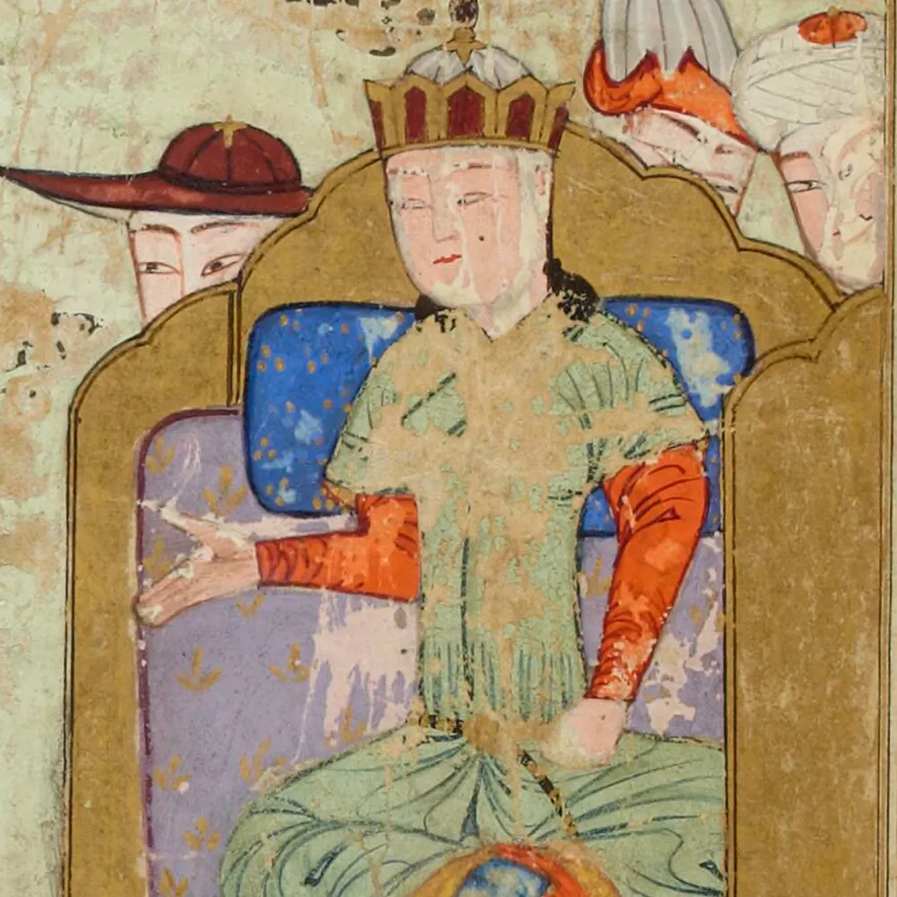 Historic manuscript painting of a ruler seated on a decorated throne in green garments, surrounded by court figures