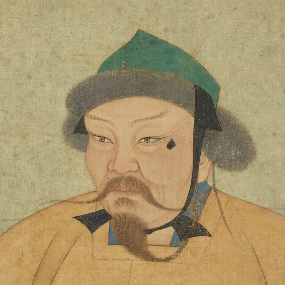 Painted portrait of a bearded figure in a tan robe and green cap, facing slightly left against a plain background