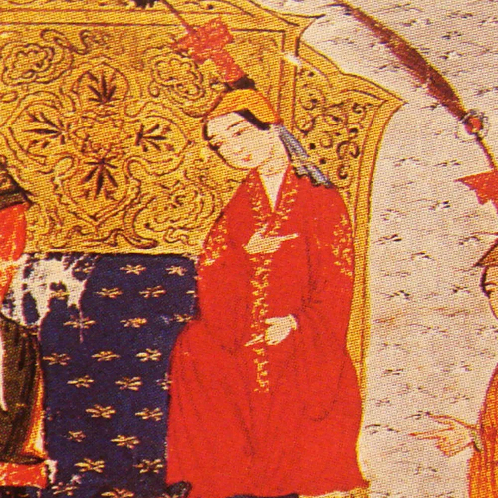 Red-robed court figure with tall headwear seated near a richly decorated gold throne in a historical manuscript scene