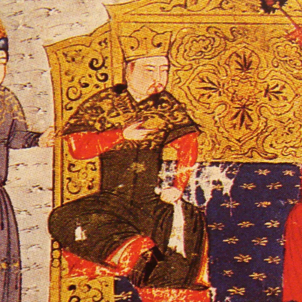 Historical painted figure seated cross legged on a richly decorated throne with gold floral designs and red garments