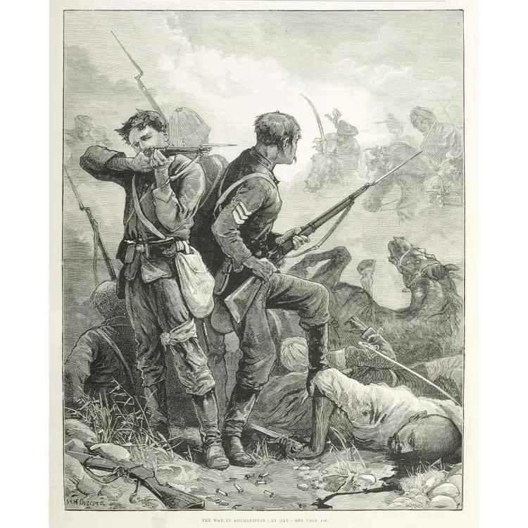 engraving that depicts British soldiers surrounded by Afghan soldiers