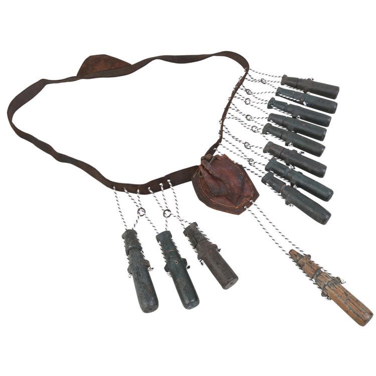 Leather strap with 12 wooden bottles and a leather pouch hanging from it