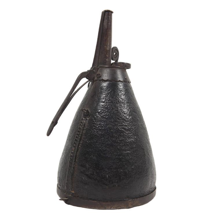 Black, cone shaped powder flask with spout on top for pouring