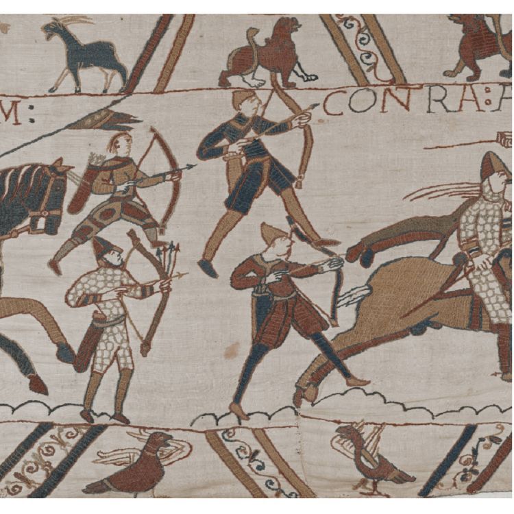 Bayeux Tapestry image of 4 archers, one is wearing mail armour
