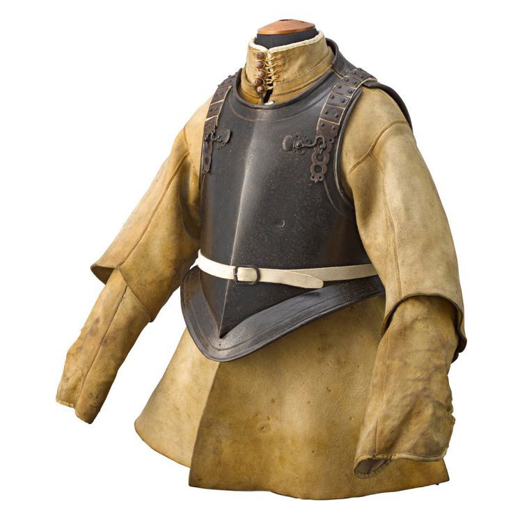 Yellow leather buff coat with breast and chest plate over torso