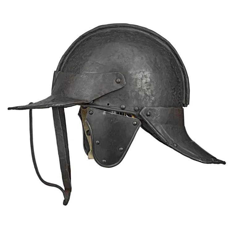 Black metal helmet covering top of head, back of neck and with a front peak that 3 bars drop down from to protect the face.