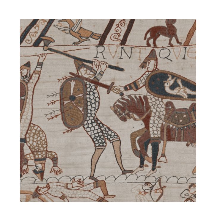 Bayeux Tapestry image of a Saxon housecarl with a shield and axe fighting a Norman cavalry soldier