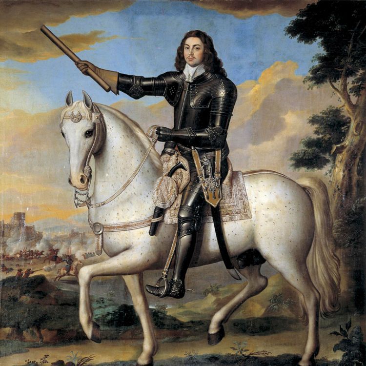 Painting of Alexander Popham in body armour and riding a white horse