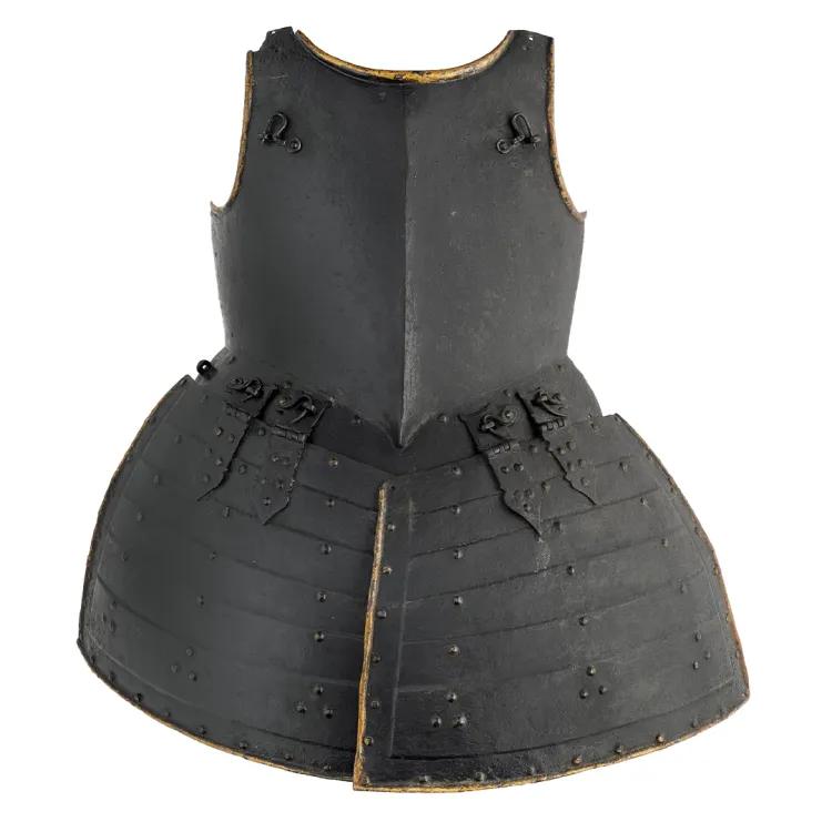 Black coloured metal plate armour covering torso and front of legs