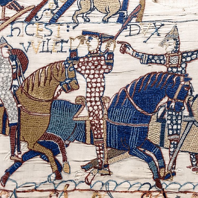 Bayeux Tapestry image of William the Conqueror riding a horse and lifting his helmet, Hasting 1066s