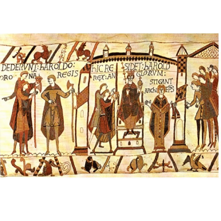 Bayeux Tapestry image of Harold Godwinson being crowned king of England