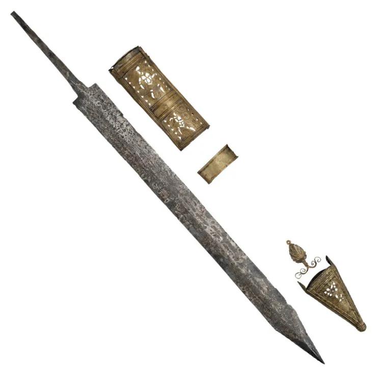 Roman gladius blade with handle missing. Metal sections of its scabbard