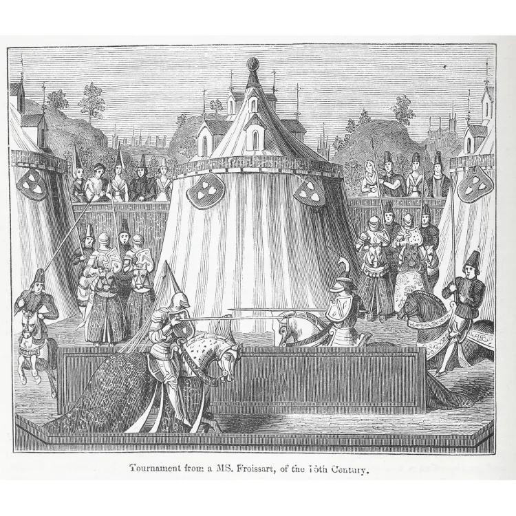 Illustration of a medieval tournament including tents and knights jousting