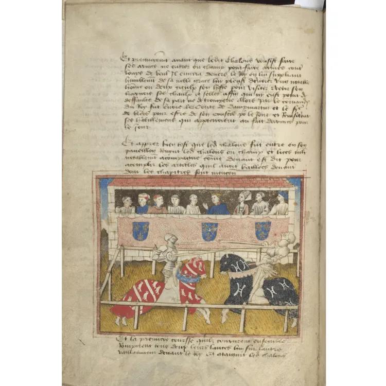 page of a old book with an illustration showing a joust between squires