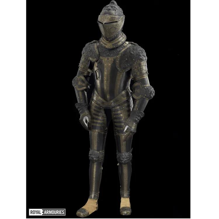 Full suit of armour covered in lion motifs, black and gold in colour.