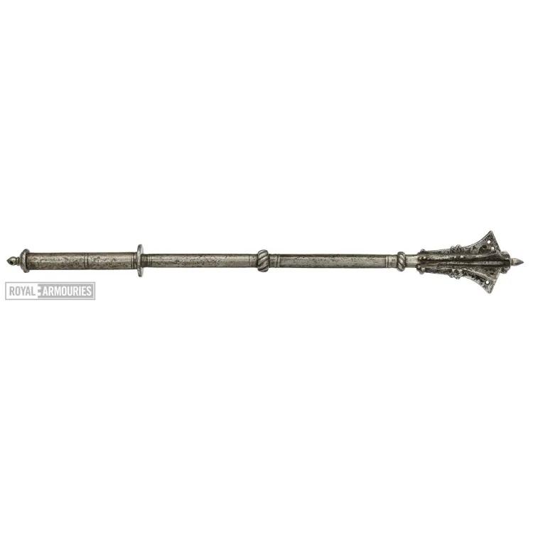 silver coloured mace curved point protrusions at one end