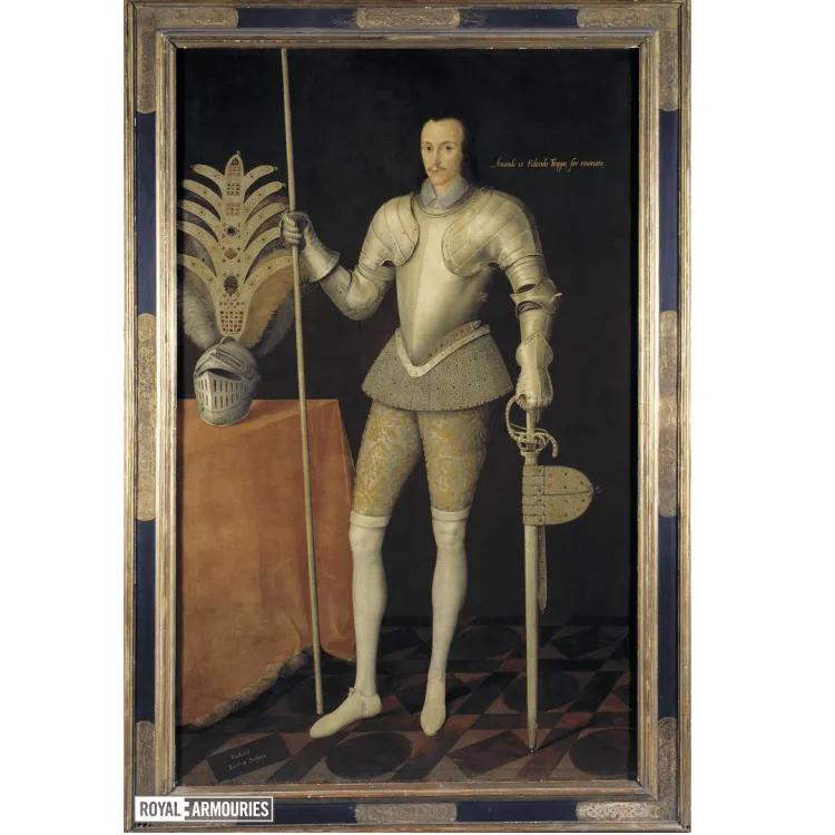 Portrait of man in white armour with richly decorated trunks, hose and shoes. Holding a white spearin the right hand with left hand resting on a sword. Helmet with a plume of feather on a table to the right hand.