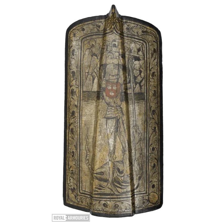 Oblong shaped shield with depiction of Saint George slaying a dragon