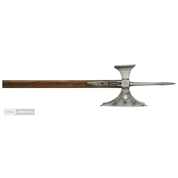 staff weapon with hammer, axe head and spear on the head