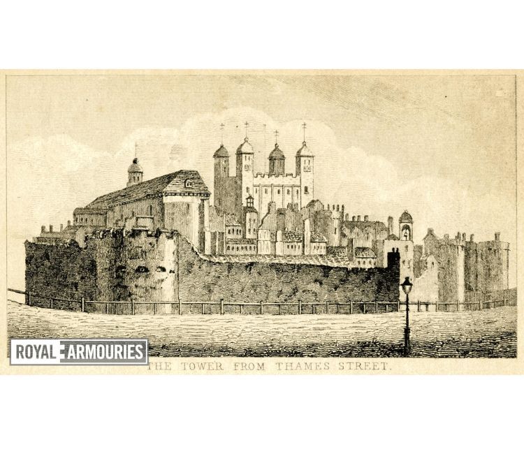Print showing the Tower of London from street level