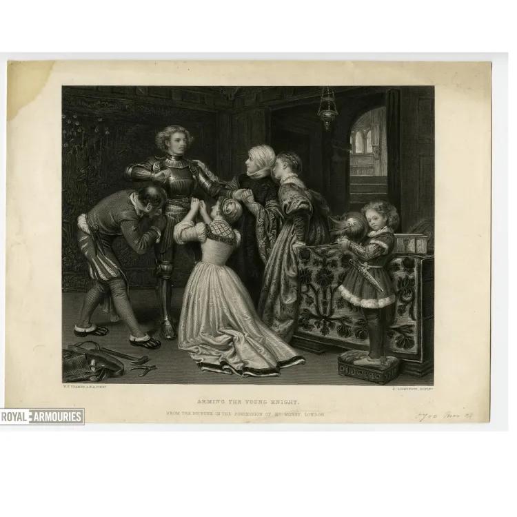 Engraving of a young knight being armed by 4 attendants and a child holding the helmet