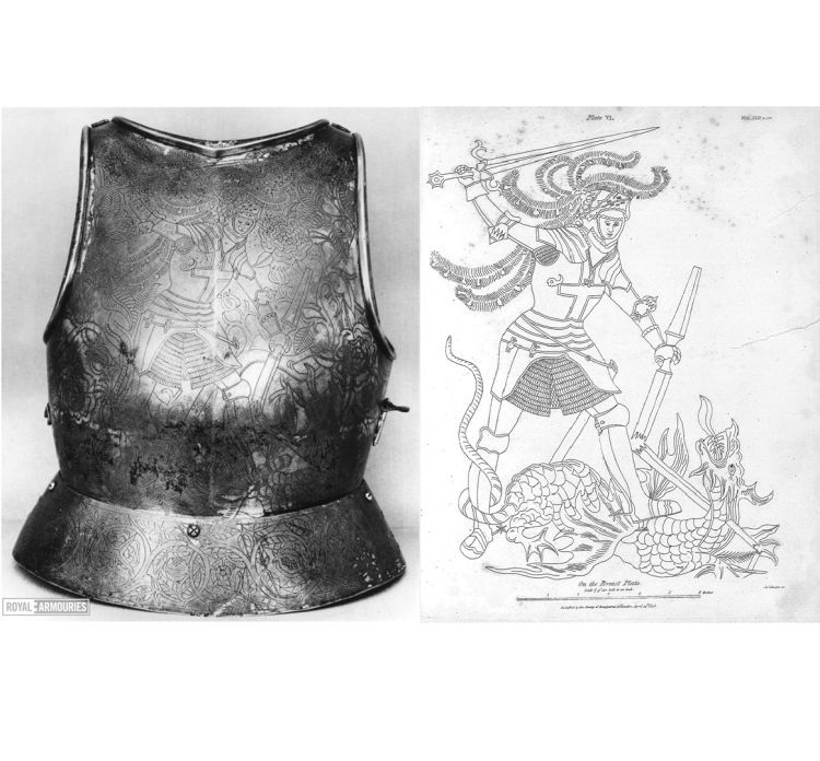 Chest plate engraved with image of Saint George slaying a dragon