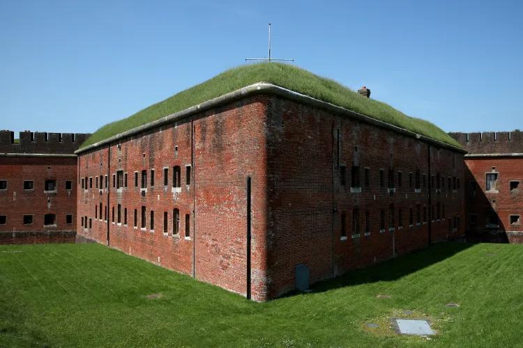 Unusual angle view of the outside of Fort Nelson