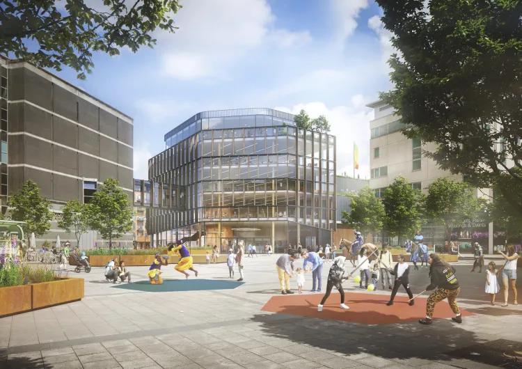 computer generated image of the future exterior of the Royal Armouries with lots of fun activities taking place