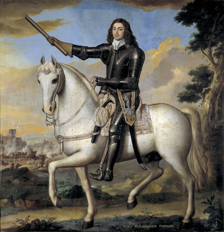 young military commander in black armour sat on a white horse