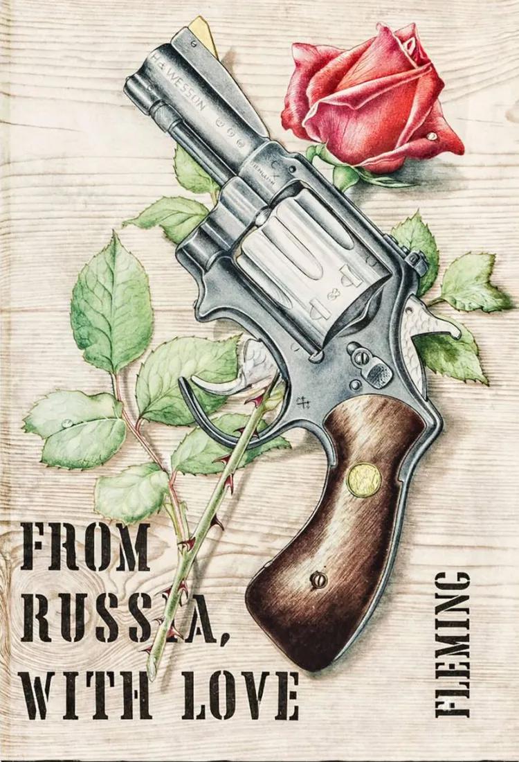 revolver sitting on a single stem red rose on a pale woodgrained background - "from Russia, with Love" and "Fleming"