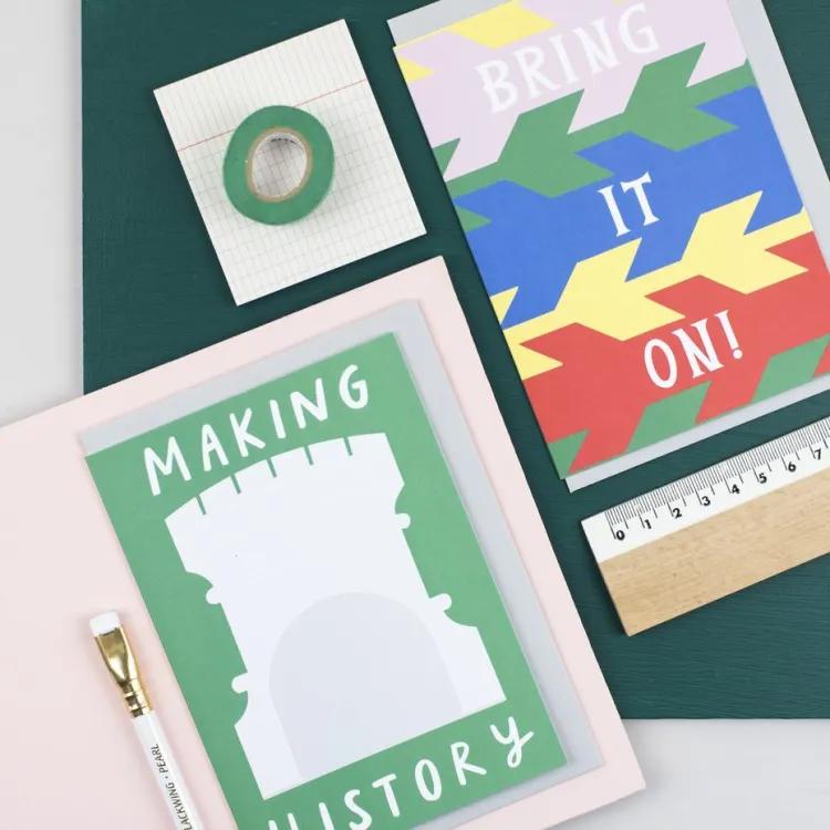 A selection of cards made by Alison Hardcastle reading "bring it on" and "Making History"