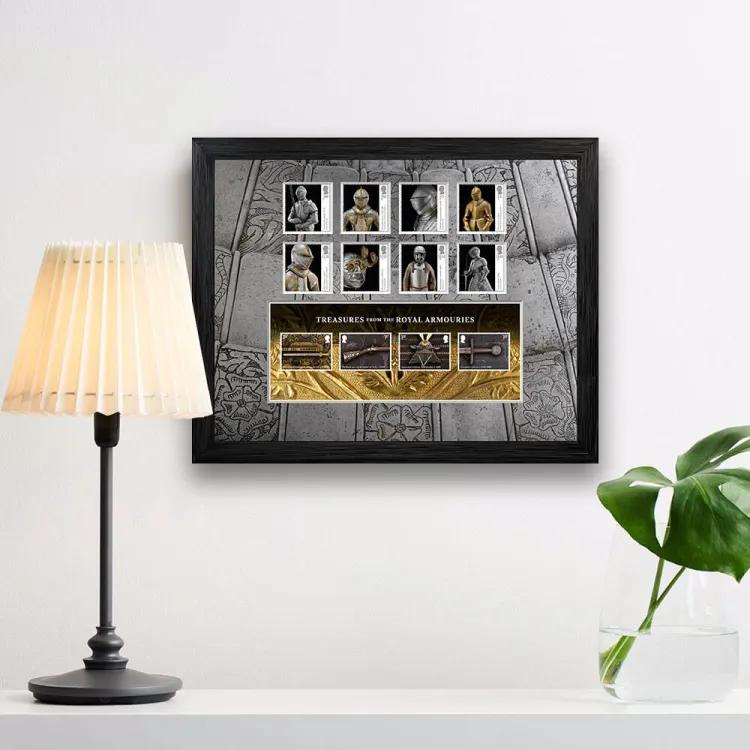 Royal Mail and Royal Armouries Stamp Promotional image showing framed print with 12 stamps featuring arms and armour with lamp and plant