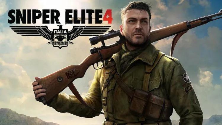 Sniper elite 4 hero image with sniper elite logo and soldier holing rifle over shoulder