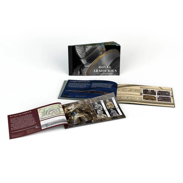 Royal Mail and Royal Armouries Stamp Promotional image showing two product booklets open and one stood up