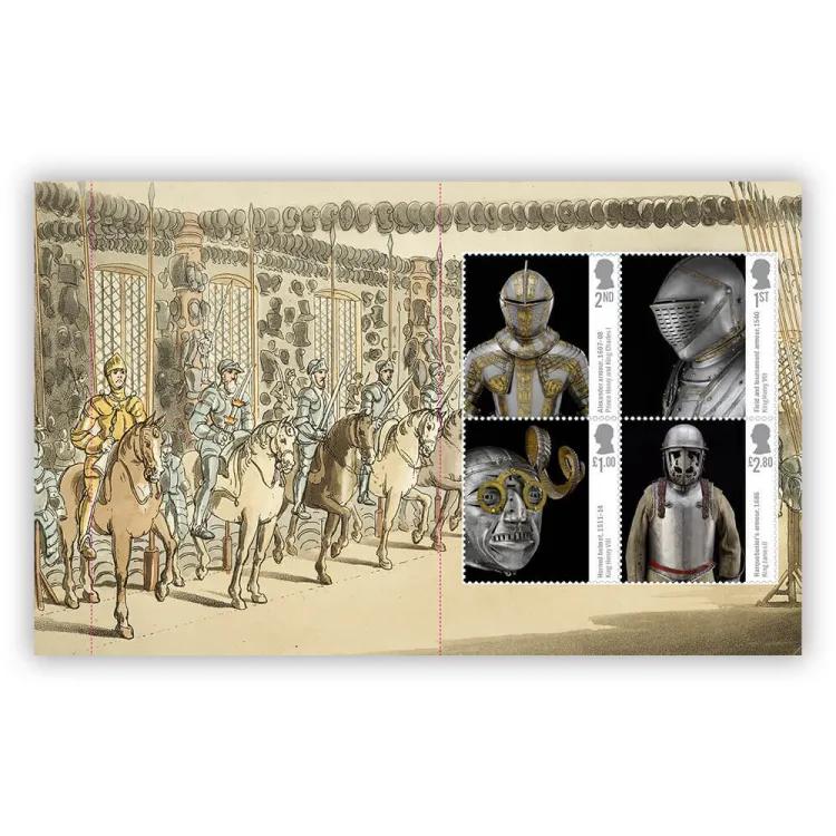 Royal Mail and Royal Armouries stamp collaboration showing illustration of the line of kings and four stamps featuring armour.